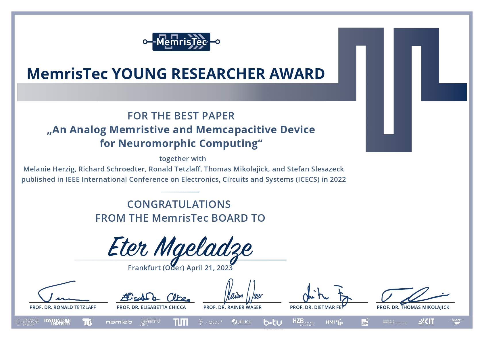 Young Researcher Award Eter Mgeladze